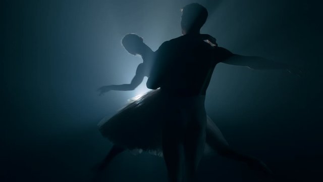 Graceful ballerina and her male partner dancing elements of classical or modern ballet in dark with floodlight backlight. Couple in smoke on black background. Art concept. 