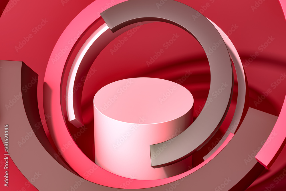Aufkleber blank round showcase with empty space on pedestal on pink background near round abstract figures. 3d