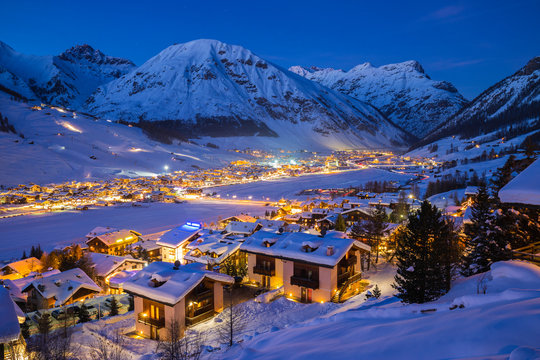 Evening view of Livigno during the winter season
