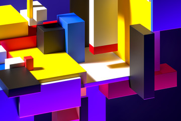 Modern Showcase on Abstract Colorful Figures. Empty Space. Copy Space. Abstract Pattern. Suprematism Art. 3d rendering