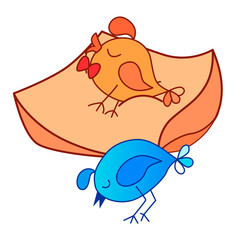 Vector drawing of a cute sleeping bird on a big pillow on a white isolated background. Style is flat, sticker, print on fabric.