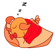 Vector drawing of a cute sleeping bird on a big pillow on a white isolated background. Style is flat, sticker, print on fabric.