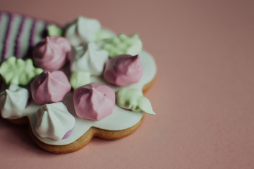 Cookies in a form of flowers. Spring concept. Candy bar. Birthday. Wedding. Pink background.