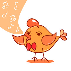 Vector drawing of a cute singing bird with a crest on a white isolated background. Style is flat, sticker, print on fabric.