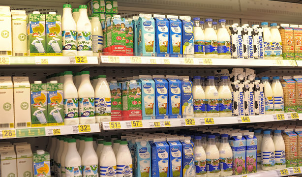 Russia, St. Petersburg, 08,03,2014 Milk on the shelves in the supermarket