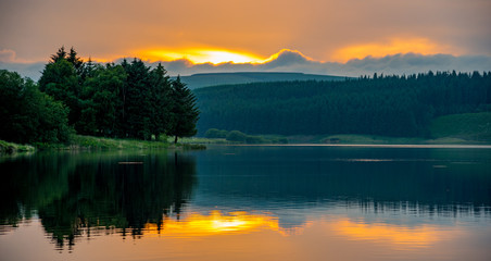 Sunset and reflection on Lake, Llyn Clywedog