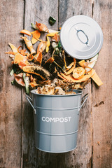 Garbage sorting. Organic food waste from vegetable ready for recycling in compost bin on wooden...