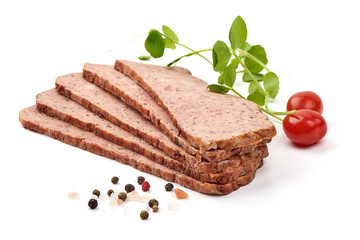 Baked turkey meatloaf, isolated on white background