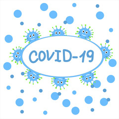 Vector background drawing, pattern with the image of a coronavirus in cartoon flat style on a white isolated background. Seamless vector pattern, background.