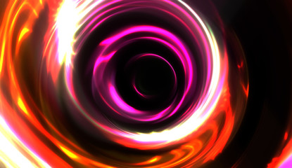 Cool background of moving glowing lights. Vibrant colorful portal template for your design. Light rays and glow particles in motion forming a wormhole shape.