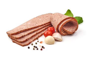 Baked turkey meatloaf, isolated on white background