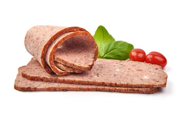 Tasty homemade ground baked turkey meatloaf, isolated on white background