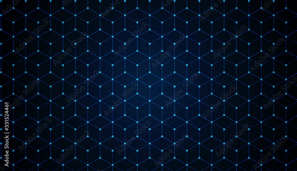 Poster dark blue blockchain technology background with dots and hexagons