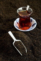 Traditional Turkish Dry Black Tea with a glass of tea and shovel.Vertical image.