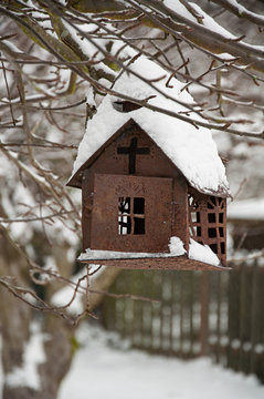 Punched Tin Decor Bird Feeder With Cross In Snow