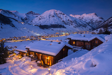 Lombardy Ski Village At Night in Winter Scenery, Livigno, Italy