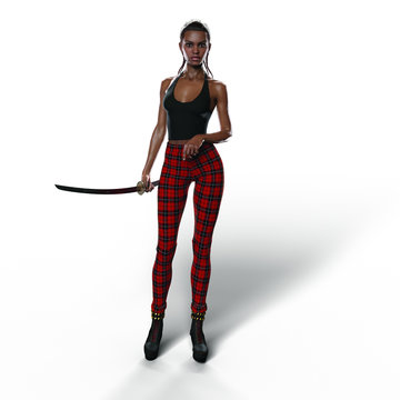 Black Woman with Katana Sword (Transparent with Shadows)