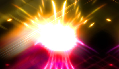 Pretty background of crossing beams of light and glowing particles. Wallpaper of vibrant colorful lights. Shinny light display..