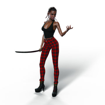 Black Woman with Katana Sword (Transparent with Shadows)