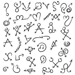 Arrow doodles vector. A set of simple sketches of arrows. Up, down, left, right ones. The effect of a pencil sketch isolated on white background.. Vector eps 10.