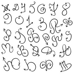 Fototapeta premium Arrow doodles vector. A set of simple sketches of arrows. Up, down, left, right ones. The effect of a pencil sketch isolated on white background.. Vector eps 10.