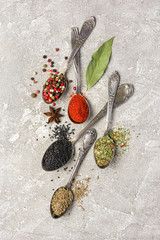 Different spices in vintage spoons for tasty meals