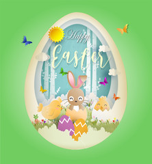 Oeuf de Pâques garni d'un lapin poussin fleurs et papillons sur fond vert Happy Easter