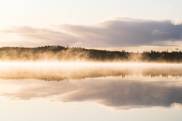 Fototapeta premium Mist and reflections on a calm lake, Sweden.