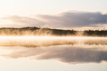 Mist and reflections on a calm lake, Sweden.