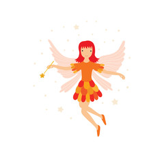 Obraz na płótnie Canvas Cute orange fairy in flight with a magic wand