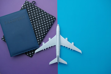 passports, model of airplane, isolated on color background.
