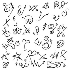 Arrow doodles vector. A set of simple sketches of arrows. Up, down, left, right ones. The effect of a pencil sketch isolated on white background. Vector eps 10.