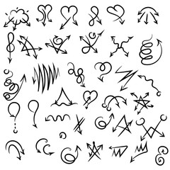 Arrow doodles vector. A set of simple sketches of arrows. Up, down, left, right ones. The effect of a pencil sketch isolated on white background. Vector eps 10.