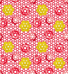 Fototapeta na wymiar Seamless pattern of Irish lace made of red melange and yellow flowers. The cloth is crocheted.