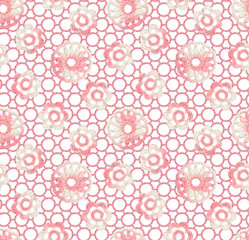Seamless pattern of Irish lace crocheted on a mesh of air loops. The ornament is knitted with pink melange yarn.