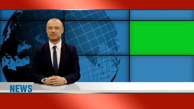 Male news presenter talking in broadcasting studio with green screen display for mockup usage