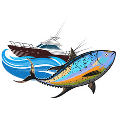 Tuna swimming in the blue waves and boat with fishing rods
