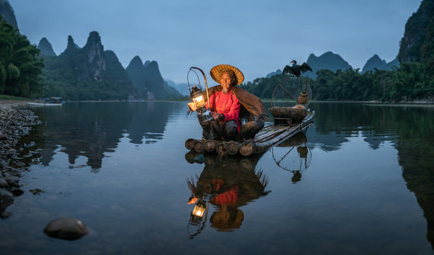 Chinese cormorant fisherman in Guilin, China