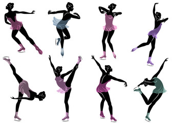 Collection. Skater skates on ice. The girl is beautiful and slender. Lady athlete, figure skater. Vector illustration of a set © Nataliia