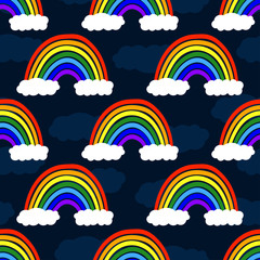 Cartoon rainbows and clouds isolated on dark blue background. Children's bright seamless pattern. Vector graphic hand illustration. Texture.