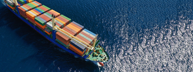 Aerial drone top down photo of fully loaded large truck size container tanker ship cruising the...