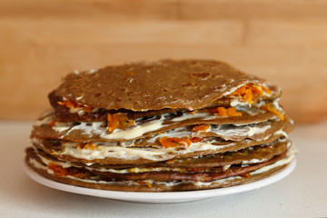 liver cake on the kitchen table. side view