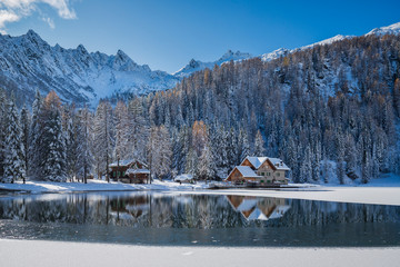 Nambino lake in winter season, Dolomites , Italy