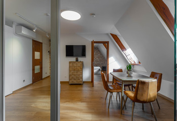 Modern contemporary interior of living room with furniture and tv. Sloping ceiling. Private house.