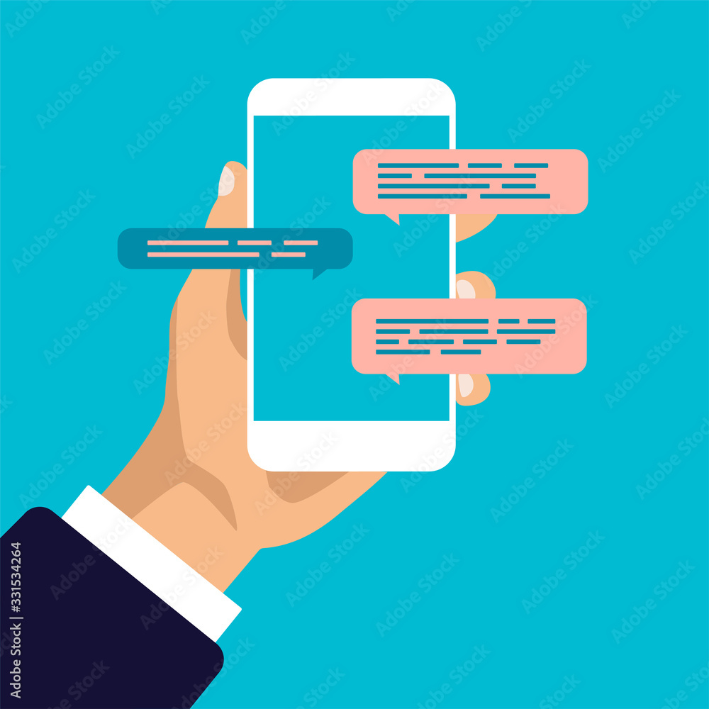 Poster online chat concept. hand holds smartphone with dialog boxes. flat design of messaging bubbles. vect
