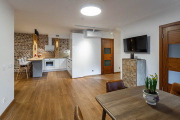 Modern contemporary interior of studio apartment. Private house. Brick wall. Kitchen set.