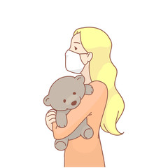 A girl in a medical mask with a Teddy bear in her hands, vector image EPS