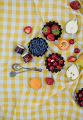 Picnic at the park. Fresh fruits and small jars with jam