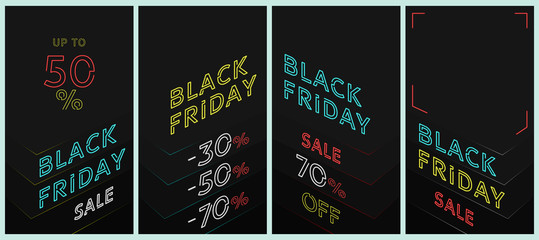 set Vector abstract background, for banner on sale theme, black friday. Minimalistic style, black background, layers in the style of paper art, neon text. Copyspace.	
