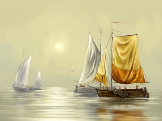 Digital paintings sea landscape, sailing boat on the sea. Fine art.